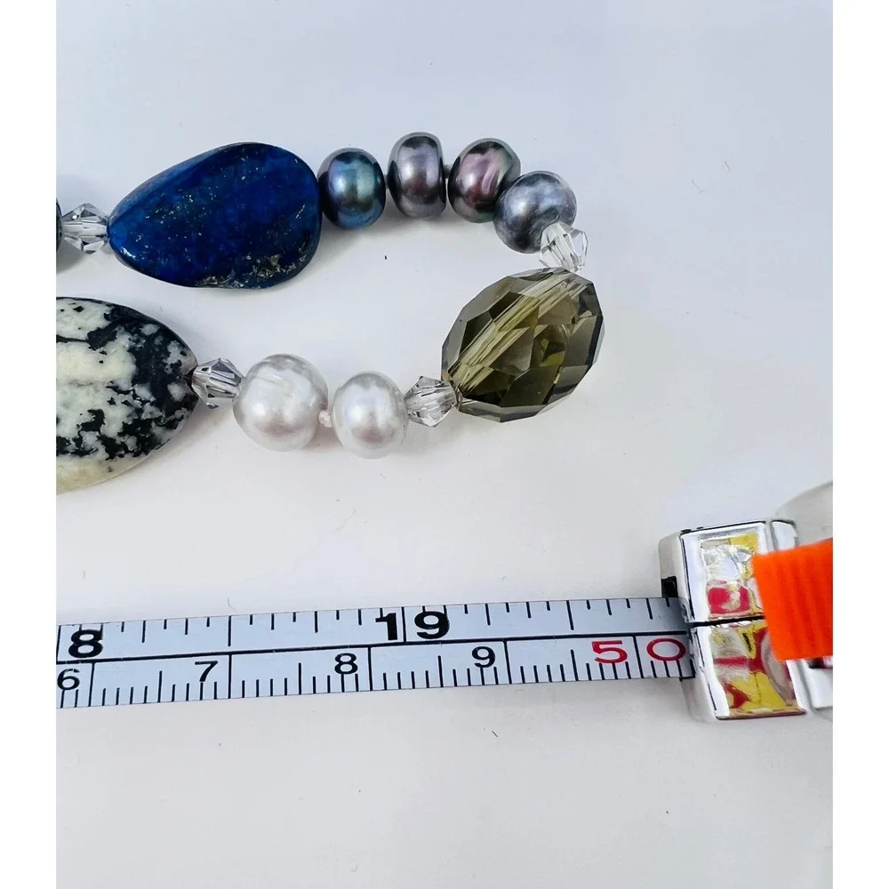 Lapis Lazuli Dalmatian Jasper and Pearl Long Strand Beaded Necklace